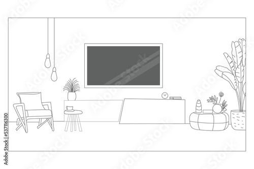 TV Wall Mount on Cabinet line drawing interior design hand sketch illustration