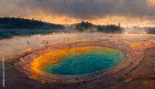National Park Scenic View Grand Prismatic Pool at Sunrise, Yellowstone National Park, Wyoming.