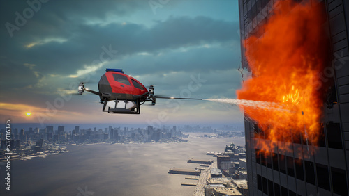 Autonomous driverless aerial vehicle spraying foam for extinguish the fire, Smart 5G technology firefighting drone concept, 3d render photo