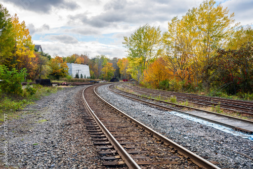 Multiple railroad tracks with switches on a cloudy autumn day. Colourful autumnal trees line the tracks.