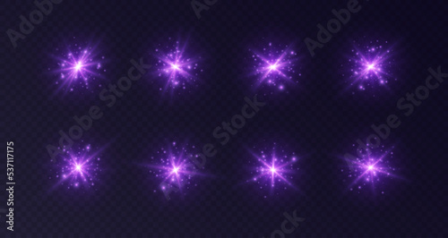 Lens flares with sparkles, purple starbursts set, shiny camera flashes. Glowing lasers with particles, transparent overlay glare effect. Magic spark with fairy dust. Vector illustration.