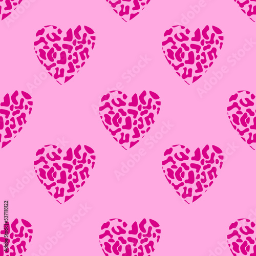 Leopard hearts seamless pattern. Pink background. Valentines Day Pattern