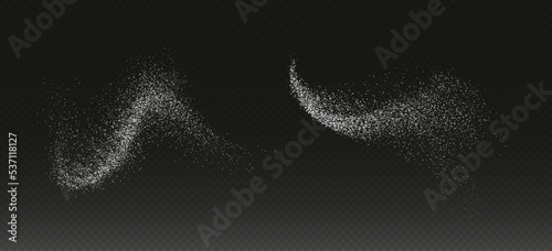 Sugar powder splash, flying salt, baking flour top view. White powder isolated on a transparent background. Vector illustration.