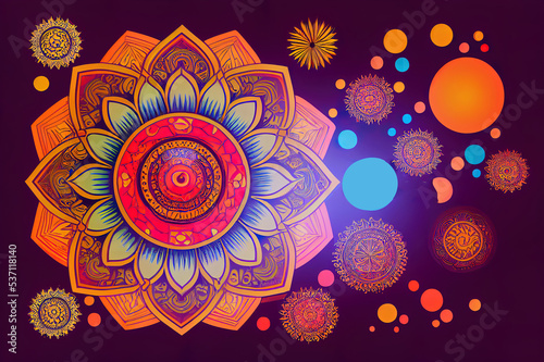 Colorful ethnic round ornamental mandala. Sun with human face. 2d illustration