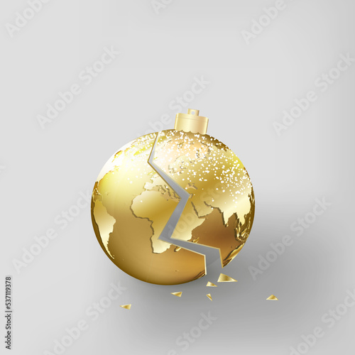 Broken Christmas golden ball. Conceptual vector illustration of the fragility of the planet Earth.