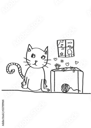 Dibujo a mano de un gato sentado junto a una mesa, un ovillo de lana y una ventana con paisaje.