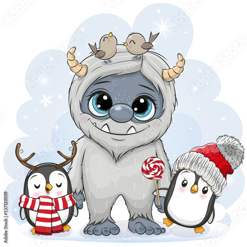 Cartoon Yeti with two penguins on the snow background