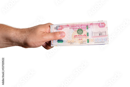 United Arab Emirates Money, Man Paying, Paper Banknotes, UAE Dirhams, Isolated on White Background