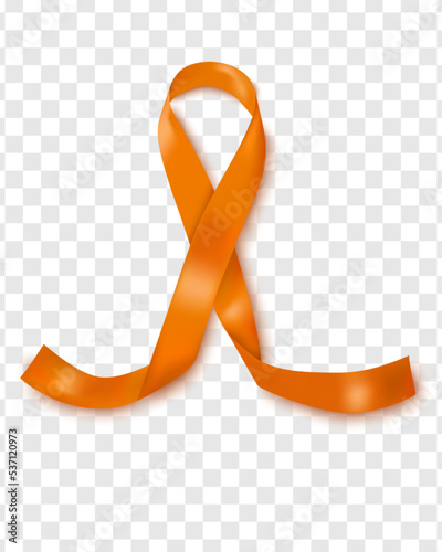 Vector illustration of the leukemia cancer awareness tape, isolated on a transparent background. Realistic vector orange silk ribbon with loop.Design for the poster.
