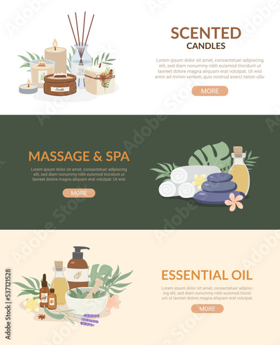 Set of Beauty and spa banner ads. Essential oil, massage, aromatheraphy, scented candles flat vector illustration. Landing page, promotion banner, flyer, web template
