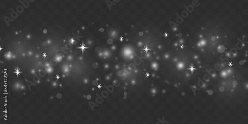 Blur white sparks and glitter special light effect. Fine, shiny bokeh dust particles fall off slightly. Defocused silver sparkle, stars and blurry spots. Magical effect of flickering lights. Vector.
