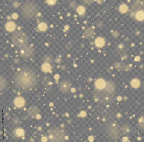 Blur yellow sparks and glitter special light effect. Fine, shiny bokeh dust particles fall off slightly. Defocused golden sparkle, stars and blurry spots. Magical gold flickering lights. Vector.