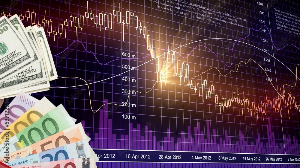 Fototapeta premium Money banknotes and screen with business chart