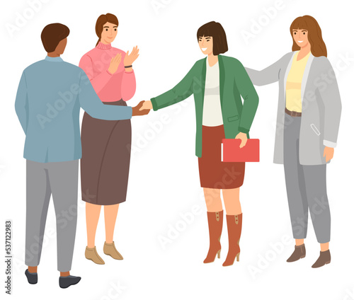 Young people group in casual clothes isolated on white congratulating friend and colleague on holiday, shake his hand. Smiling man and woman standing straight. Colleagues portrait at corporate event