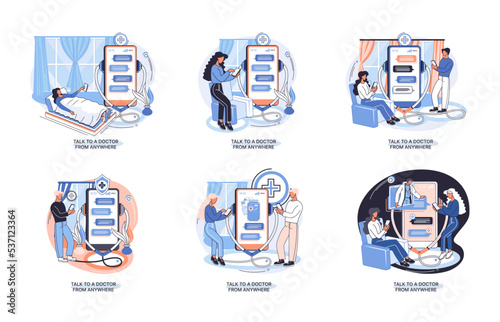 Online medical services mobile application consultation and prescription medicine professional doctor connecting and giving consultation for patient anywhere telemedicine metaphor, health care program