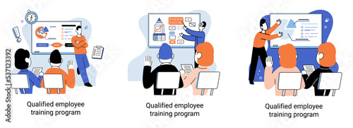 Qualified employee training program. Refresher course metaphor. Help in professional development. Learning for software development and growth. Agile project management team project life scrum meeting