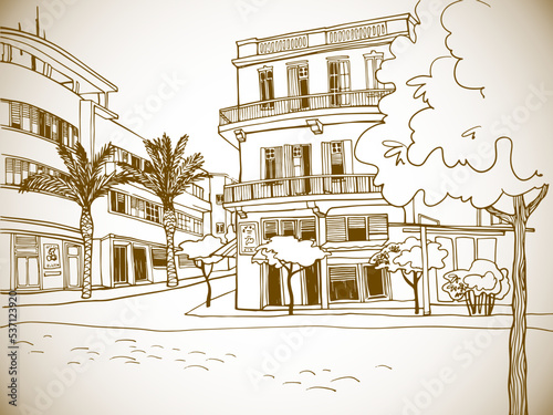 White city Tel Aviv, romantic urban landscape, Bauhaus style. Old street in Tel Aviv, Israel. Ink line sketch. Hand drawing. Sepia Vector illustration on white background. Vintage postcard style