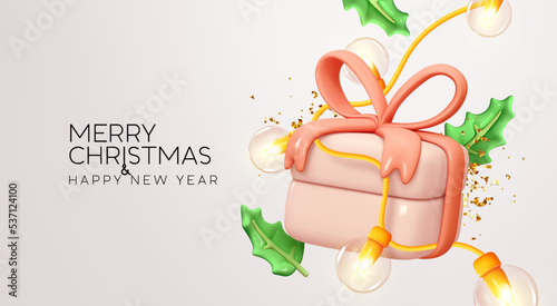 Christmas and new year design realistic 3d gift box. Christmas present surprise. Gift box in cartoon style, holly leaves, decoration garland glowing. Holiday banner, web poster. Vector illustration