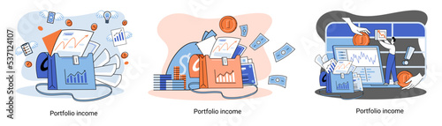 Investment portfolio income dollars currency, buy sell trading, market exchange value metaphor, businessman investor or trader balance portfolio with coins. Financiers analyzing stock market profit
