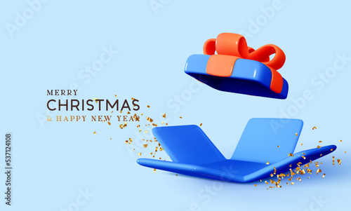 Merry Christmas and Happy New Year. Background with realistic 3d festive open gifts box with confetti. Xmas sale present. Holiday decorative blue boxes, Holiday gift surprise. Vector illustration