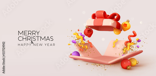 Open gift box with confetti realistic 3d design. Merry Christmas and Happy New Year. Background with festive beige open gift surprise. Xmas sale present. Holiday decorative boxes. Vector illustration