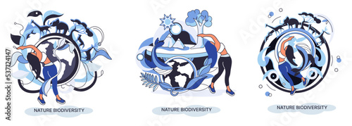 Biodiversity in nature as environment variety of life on Earth planet. Saving wildlife ecosystem metaphor. Protection and care of flora and fauna, eco friendly human activity, many biological species