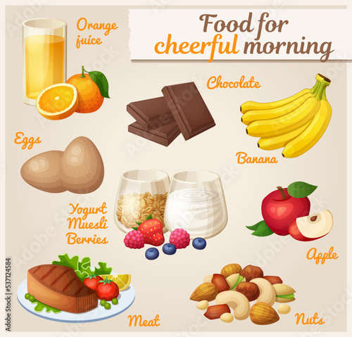 Set of energizing food for cheerful morning cartoon illustration. Breakfast snacks vector icons collection