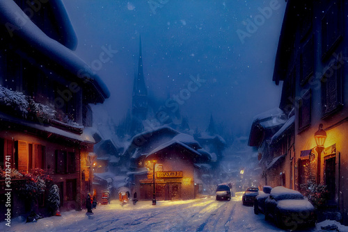 Night view of New Year and Christmas street, city scenery. Winter holiday season. Illumination of houses. 3D illustration