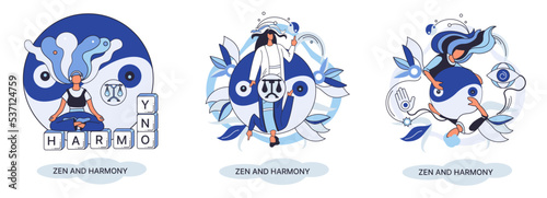 Zen and harmony metaphor, meditation practice. Balance, relaxation, mindfulness. Calm person relaxing. Yoga and spiritual practice, relax, recreation, healthy lifestyle. Japanese cult of mind and body © Dmytro