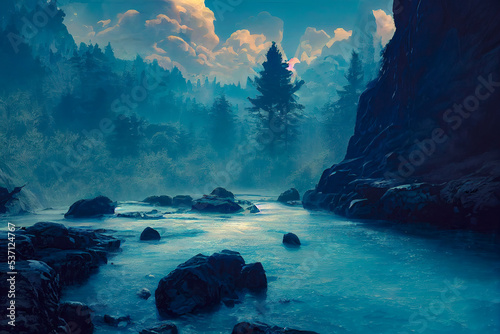 Fantasy dark landscape, mountains and river, forest, moonlight, neon, radiation. 3D illustration