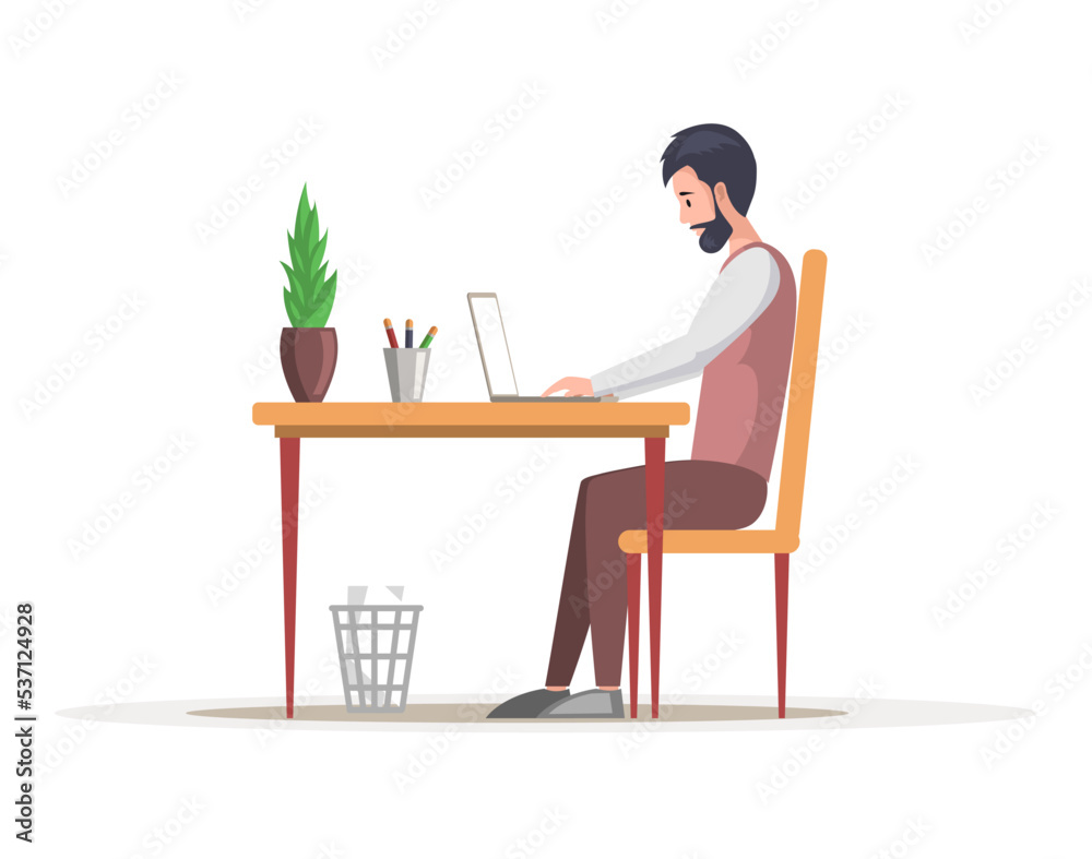 Bearded man working on computer at desk. Side view of clerk sitting on chair at workplace. Office employee during work with laptop. Company worker in typing on keyboard. Male character doing job