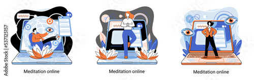Meditation online metaphor. Classes on laptop, practicing yoga, mental exercises. Live stream, internet education. Wellness practice restore peace mind. Healthy lifestyle, clearing brain and managing