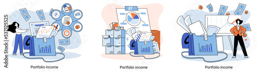 Investment portfolio income dollars currency, buy sell trading, market exchange value metaphor, businessman investor or trader balance portfolio with coins. Financiers analyzing stock market profit