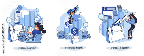 Investment portfolio income dollars currency, buy sell trading, market exchange value metaphor, businessman investor or trader balance portfolio with coins. Financiers analyzing stock market profit