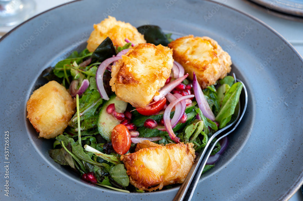 Healthy vegetarian Mediterranean food, Grilled Halloumi cheese Salad with green lettuce, onion and cucumber Healthy vegetarian Mediterranean food, Grilled Halloumi cheese Salad with green lettuce, onion and cucumber