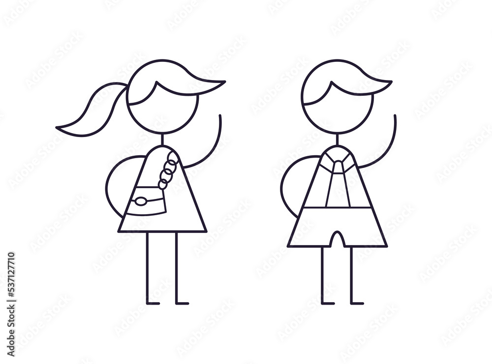 Woman or girl and man or boy vector line icons, female and male symbols, wc signs, gender equality. Woman or girl and man or boy vector line icons, female and male symbols, wc signs, gender equality.