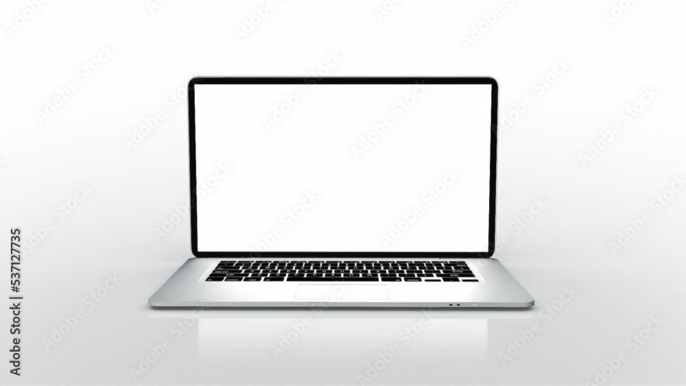 Highly Detailed Generic Aluminum Laptop Computer Spinning and Opening Over White Background. Empty White Screen Display Laptop Zooming in Perfect To Insert You Own Video Or Image.