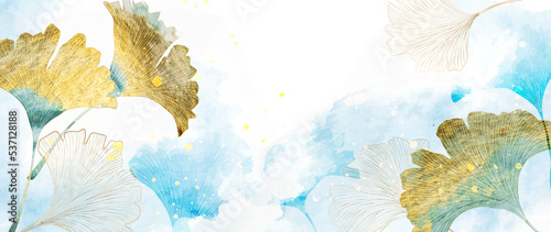 Luxury watercolor blue art background with ginkgo leaves in gold line art style. Botanical banner for wallpaper design, decor, print, textile, packaging, invitations,, interior design.