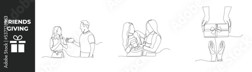 Single one line drawing friends giving concept set. Man giving gift box to his wife, Happy female giving gift box to her friend and hand giving a gift to another hand. Vector illustration.