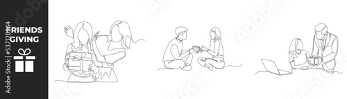 Single one line drawing friends giving concept set. Happy girl giving surprise to her friend, Happy boy giving gift box to his sister and Male giving gift box to his wife. Vector illustration.