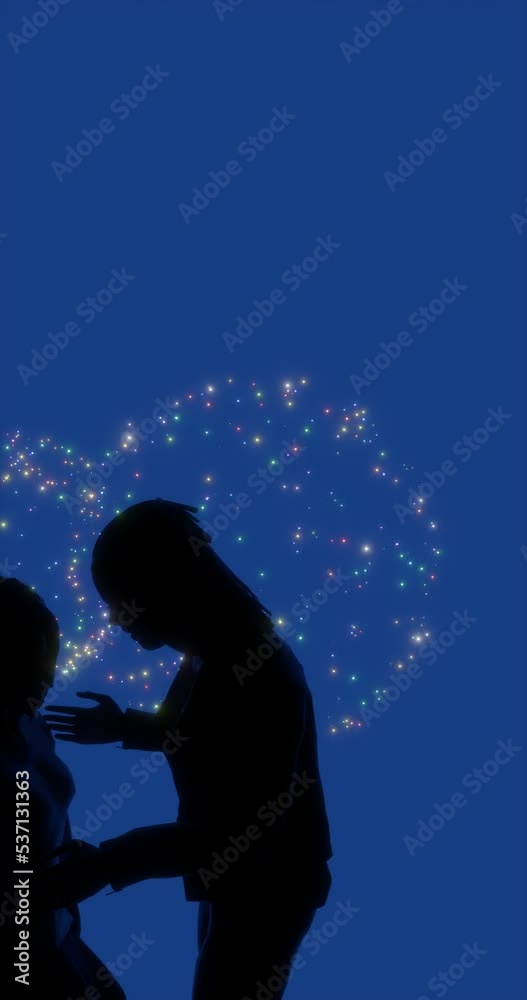 3D Animation Silhouette Kiss and relationship between two people multiethnic couple between caucasian and african woman kiss homosexual couple with fireworks in the background 3D Animation Silhouette Kiss and relationship between two people multiethnic couple between caucasian and african woman kiss homosexual couple with fireworks in the background