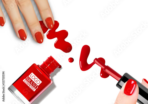 Red nail Polish spilled from the bottle.3D realistic detailed mockup. Beauty and cosmetics background. Use for advertising flyer, banner, leaflet. Template Vector