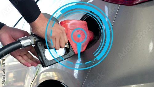 4k video Slow motion hand employee refueling car at gas station with motion graphic, fuel crisis trigger concept.