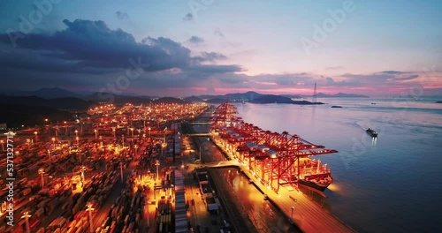 aerial view of commercial harbor at sunset