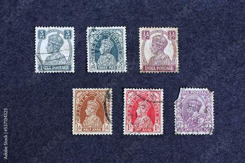 Vintage British India postal stamps from 1910 to 1947 featuring King George V and VI, Emperors of India