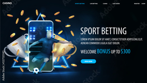 Sports betting, blue banner with soccer player inside smartphone, champion cups, falling gold coins, sport balls and neon hologram of triangle border on background
