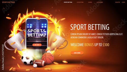 Sports betting, orange banner with smartphone, champion cups, falling gold coins, sport balls and yellow neon ring on fire