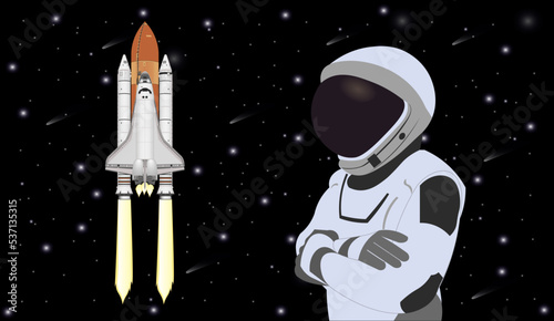 Space Astronaut in new space suit in a front of Space shuttle flight. Vector illustration. Elements of this vector illustration were furnished by NASA