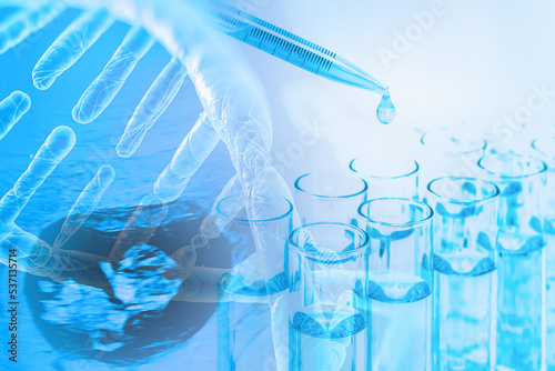 Obraz na płótnie test tube with dropper overlay with DNA strand and ultrasound image of baby in p