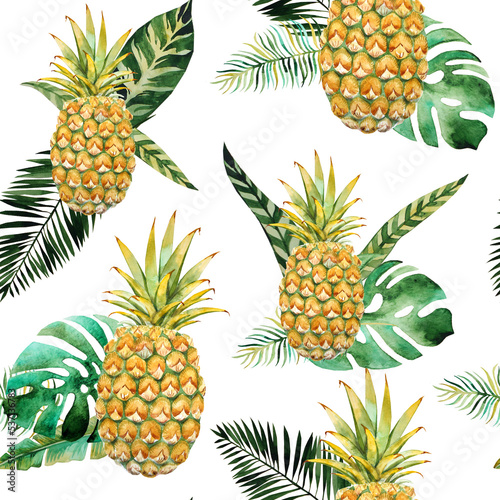 Colorful bright watercolor hawaiian seamless pattern with pineapples and tropical leaves